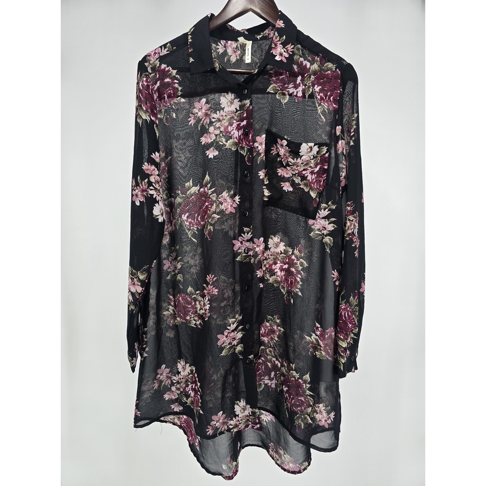 Truth NYC Tunic Blouse Womens Medium Black Sheer Mesh Floral Button Up Roll Tab